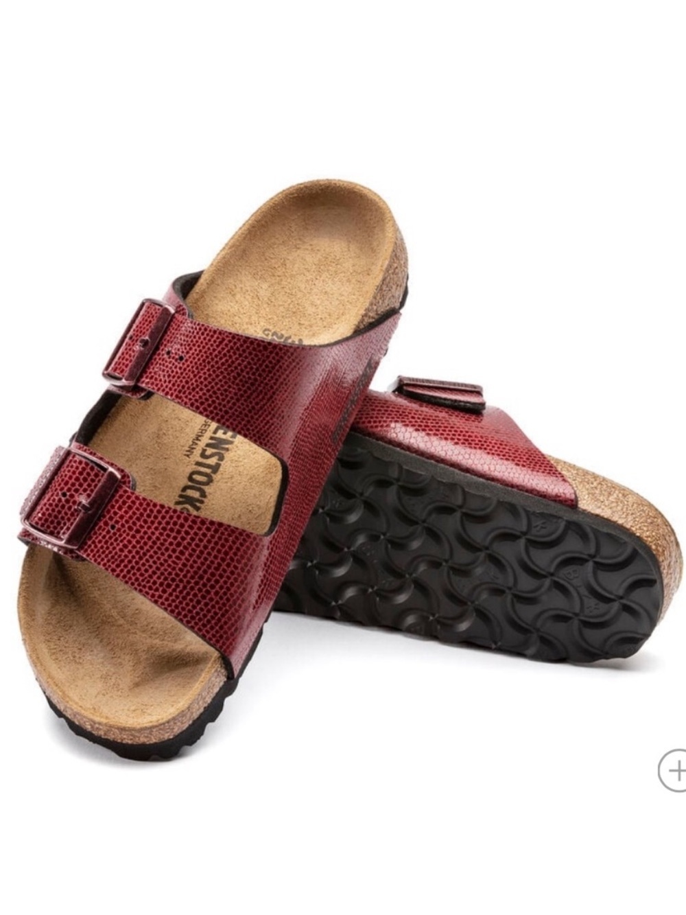 Birkenstock Arizona sandals in the Magical Metallic Maroon Snake Print 37 6-6.5